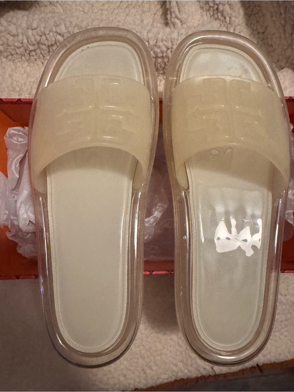 Tory Burch Cream Clear-Trim Bubble Slides